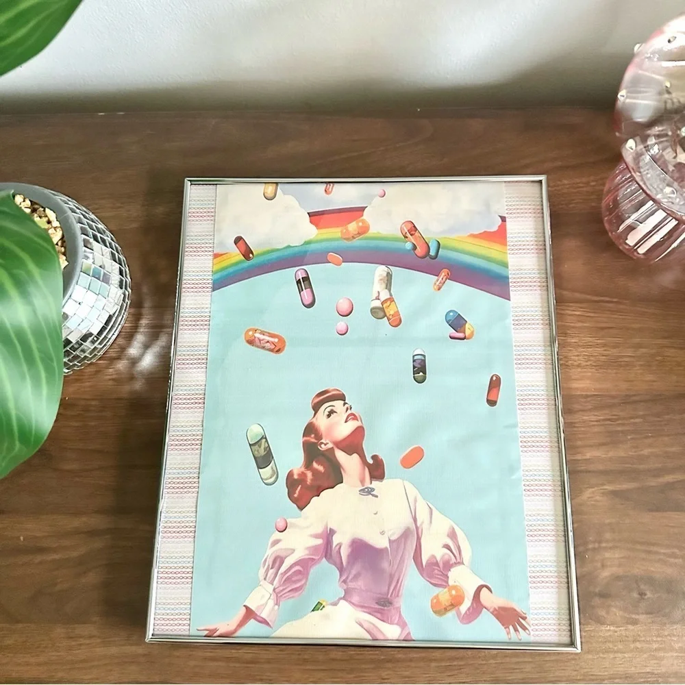 Happy Forever Rainbow Pills Raining Surreal Wall Art Framed Colorful Medication